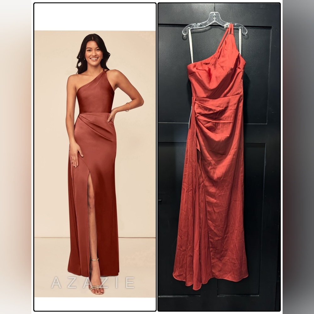 Azazie One-Shoulder Satin Gown in Burnt Orange